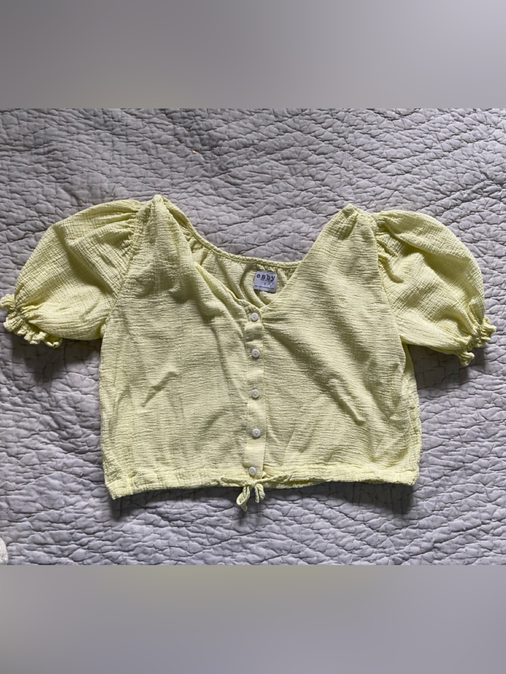 Esby Light Yellow Textured Button-Front Crop Puff Sleeve Top